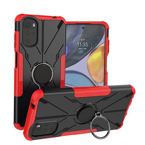 Coque Contour Silicone et Plastique Housse Etui Mat avec Magnetique Support Bague Anneau S01 pour Motorola Moto G22 Rouge