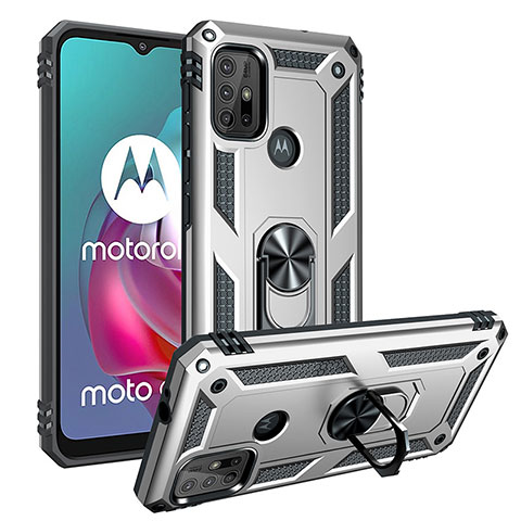 Coque Contour Silicone et Plastique Housse Etui Mat avec Magnetique Support Bague Anneau S01 pour Motorola Moto G30 Argent