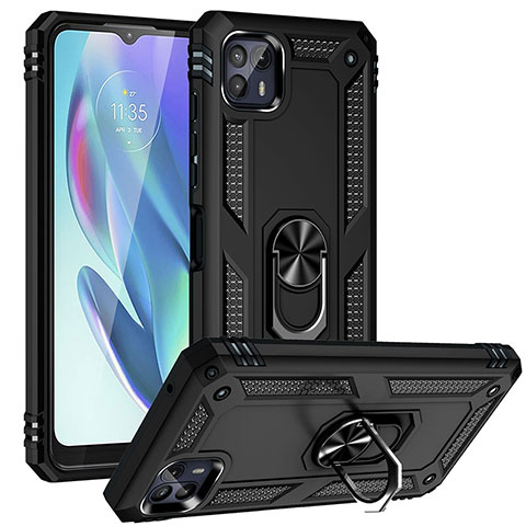 Coque Contour Silicone et Plastique Housse Etui Mat avec Magnetique Support Bague Anneau S01 pour Motorola Moto G50 5G Noir