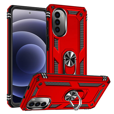 Coque Contour Silicone et Plastique Housse Etui Mat avec Magnetique Support Bague Anneau S01 pour Motorola MOTO G52 Rouge