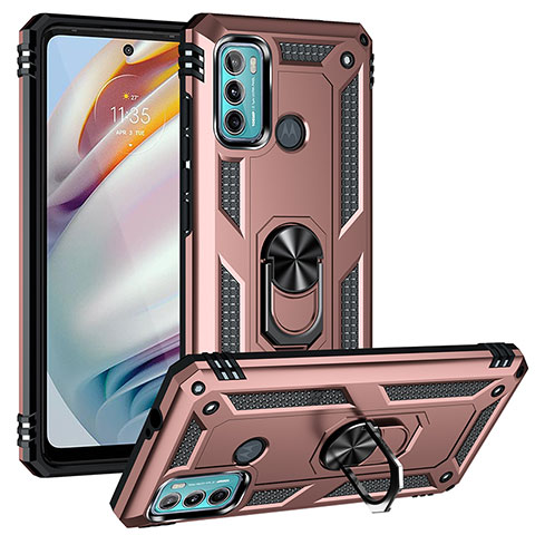 Coque Contour Silicone et Plastique Housse Etui Mat avec Magnetique Support Bague Anneau S01 pour Motorola Moto G60 Or Rose