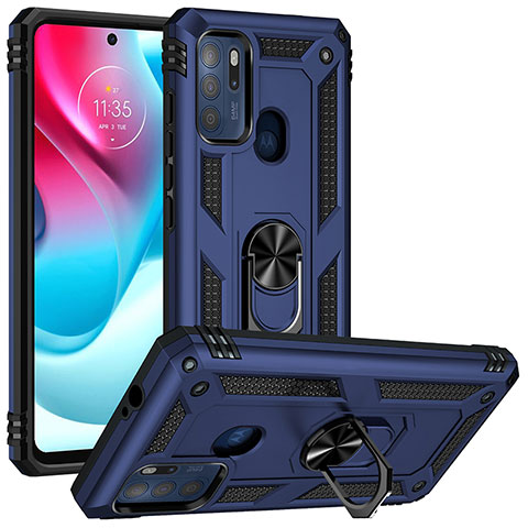 Coque Contour Silicone et Plastique Housse Etui Mat avec Magnetique Support Bague Anneau S01 pour Motorola Moto G60s Bleu