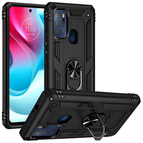 Coque Contour Silicone et Plastique Housse Etui Mat avec Magnetique Support Bague Anneau S01 pour Motorola Moto G60s Noir