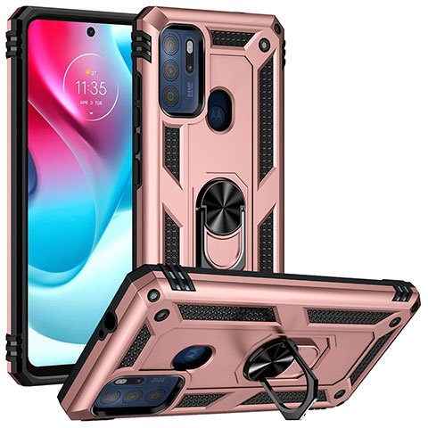 Coque Contour Silicone et Plastique Housse Etui Mat avec Magnetique Support Bague Anneau S01 pour Motorola Moto G60s Or Rose