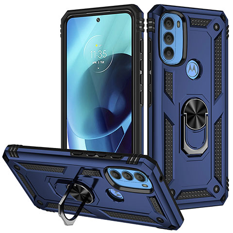 Coque Contour Silicone et Plastique Housse Etui Mat avec Magnetique Support Bague Anneau S01 pour Motorola Moto G71 5G Bleu