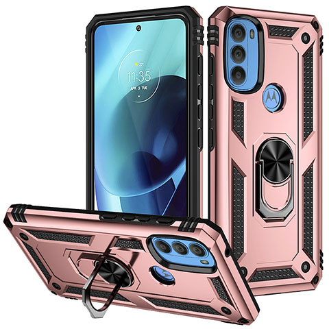 Coque Contour Silicone et Plastique Housse Etui Mat avec Magnetique Support Bague Anneau S01 pour Motorola Moto G71 5G Or Rose