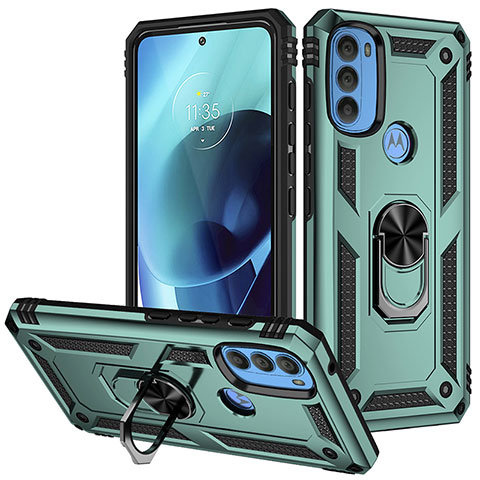 Coque Contour Silicone et Plastique Housse Etui Mat avec Magnetique Support Bague Anneau S01 pour Motorola Moto G71 5G Vert