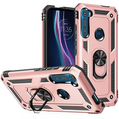 Coque Contour Silicone et Plastique Housse Etui Mat avec Magnetique Support Bague Anneau S01 pour Motorola Moto One Fusion Plus Or Rose