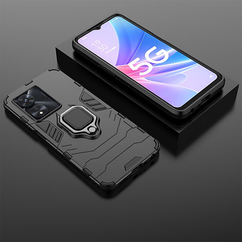 Coque Contour Silicone et Plastique Housse Etui Mat avec Magnetique Support Bague Anneau S01 pour Oppo A1x 5G Noir