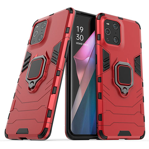 Coque Contour Silicone et Plastique Housse Etui Mat avec Magnetique Support Bague Anneau S01 pour Oppo Find X3 Pro 5G Rouge