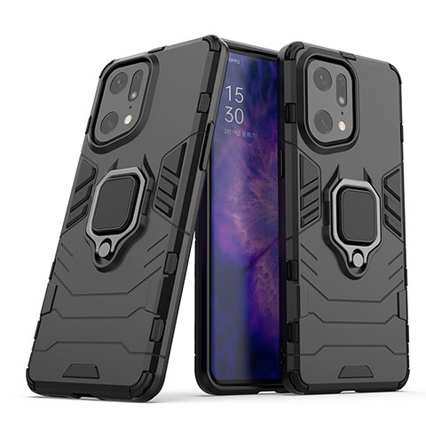 Coque Contour Silicone et Plastique Housse Etui Mat avec Magnetique Support Bague Anneau S01 pour Oppo Find X5 Pro 5G Noir