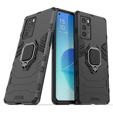 Coque Contour Silicone et Plastique Housse Etui Mat avec Magnetique Support Bague Anneau S01 pour Oppo Reno6 Pro 5G India Noir