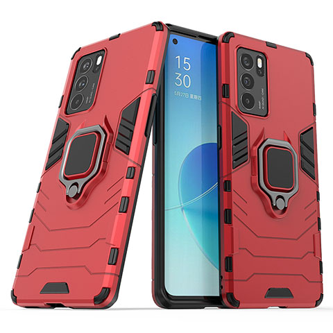 Coque Contour Silicone et Plastique Housse Etui Mat avec Magnetique Support Bague Anneau S01 pour Oppo Reno6 Pro 5G India Rouge