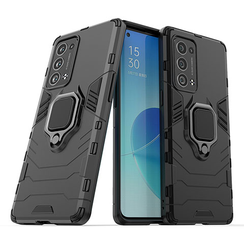 Coque Contour Silicone et Plastique Housse Etui Mat avec Magnetique Support Bague Anneau S01 pour Oppo Reno6 Pro+ Plus 5G Noir