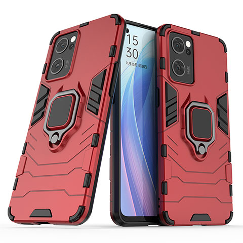 Coque Contour Silicone et Plastique Housse Etui Mat avec Magnetique Support Bague Anneau S01 pour Oppo Reno7 5G Rouge