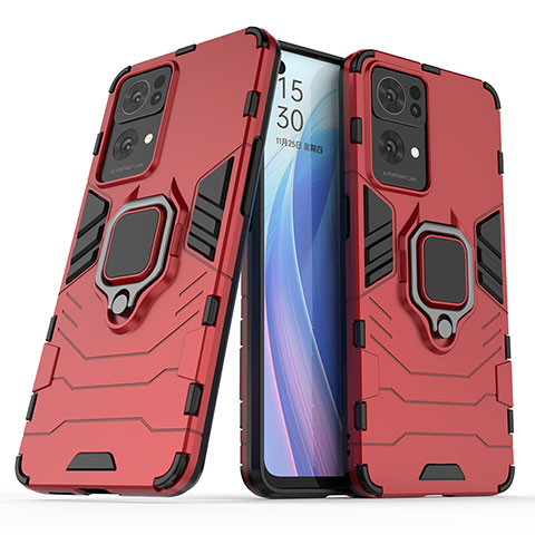 Coque Contour Silicone et Plastique Housse Etui Mat avec Magnetique Support Bague Anneau S01 pour Oppo Reno7 Pro 5G Rouge