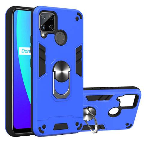 Coque Contour Silicone et Plastique Housse Etui Mat avec Magnetique Support Bague Anneau S01 pour Realme C15 Bleu