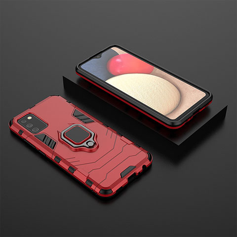 Coque Contour Silicone et Plastique Housse Etui Mat avec Magnetique Support Bague Anneau S01 pour Samsung Galaxy A03s Rouge