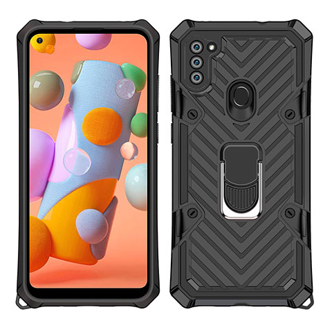 Coque Contour Silicone et Plastique Housse Etui Mat avec Magnetique Support Bague Anneau S01 pour Samsung Galaxy A11 Noir