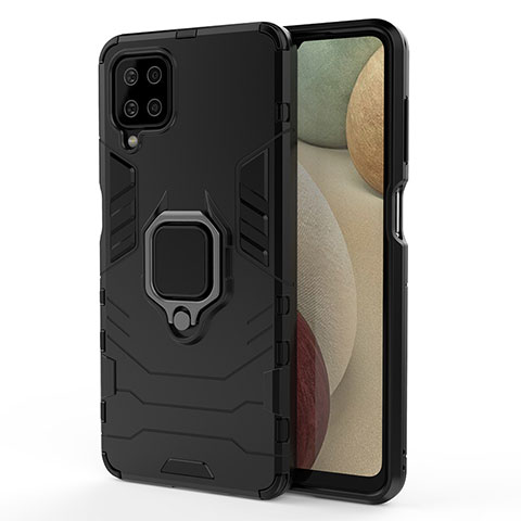 Coque Contour Silicone et Plastique Housse Etui Mat avec Magnetique Support Bague Anneau S01 pour Samsung Galaxy A12 Nacho Noir