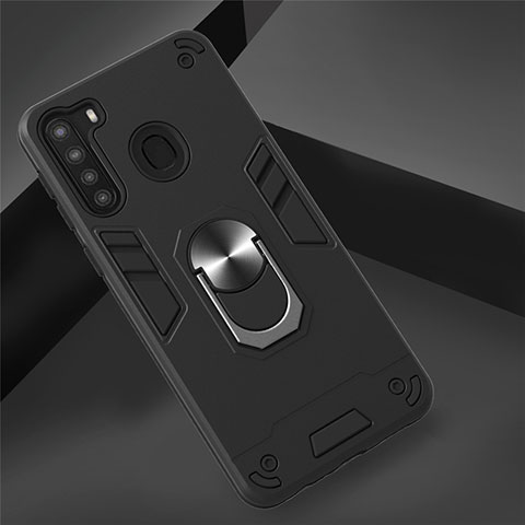 Coque Contour Silicone et Plastique Housse Etui Mat avec Magnetique Support Bague Anneau S01 pour Samsung Galaxy A21 Noir