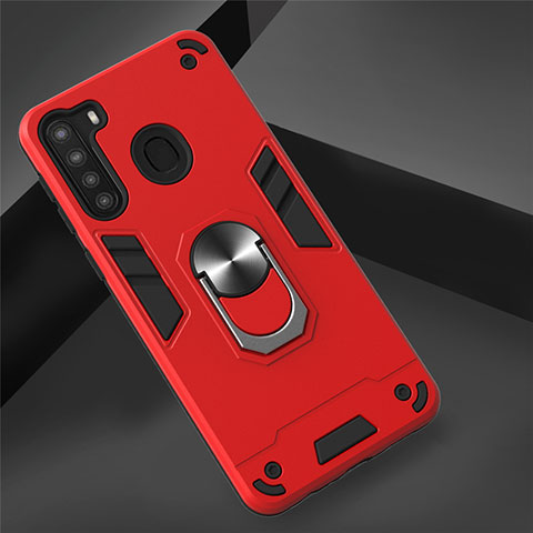 Coque Contour Silicone et Plastique Housse Etui Mat avec Magnetique Support Bague Anneau S01 pour Samsung Galaxy A21 Rouge