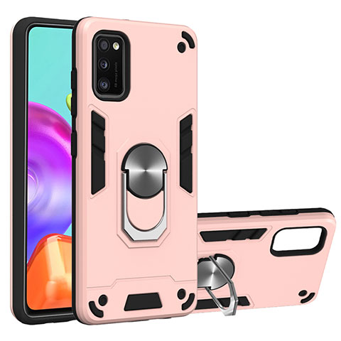 Coque Contour Silicone et Plastique Housse Etui Mat avec Magnetique Support Bague Anneau S01 pour Samsung Galaxy A41 Or Rose