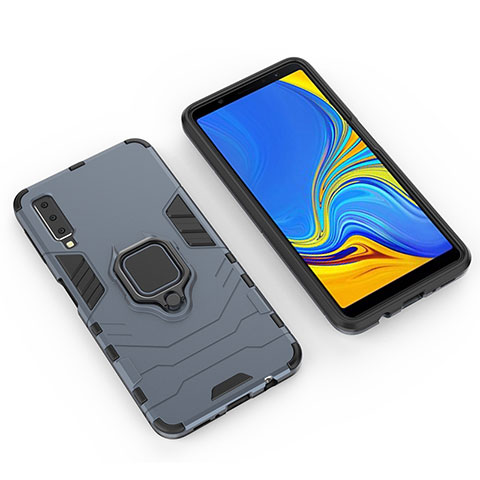 Coque Contour Silicone et Plastique Housse Etui Mat avec Magnetique Support Bague Anneau S01 pour Samsung Galaxy A7 (2018) A750 Bleu