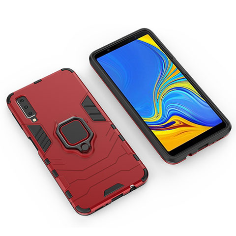 Coque Contour Silicone et Plastique Housse Etui Mat avec Magnetique Support Bague Anneau S01 pour Samsung Galaxy A7 (2018) A750 Rouge