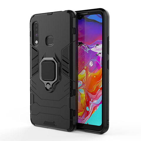 Coque Contour Silicone et Plastique Housse Etui Mat avec Magnetique Support Bague Anneau S01 pour Samsung Galaxy A70E Noir