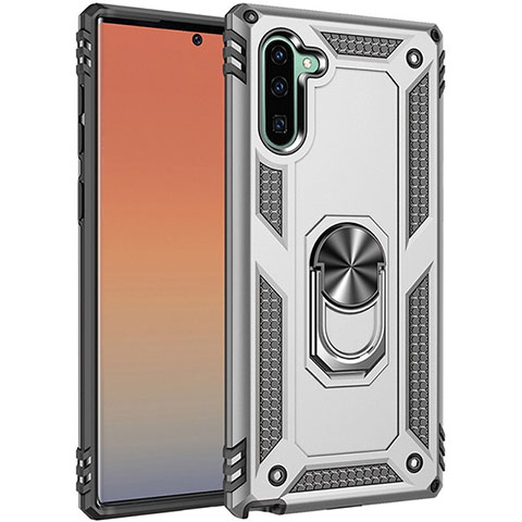 Coque Contour Silicone et Plastique Housse Etui Mat avec Magnetique Support Bague Anneau S01 pour Samsung Galaxy Note 10 5G Argent