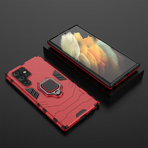 Coque Contour Silicone et Plastique Housse Etui Mat avec Magnetique Support Bague Anneau S01 pour Samsung Galaxy S21 Ultra 5G Rouge