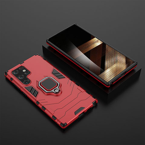 Coque Contour Silicone et Plastique Housse Etui Mat avec Magnetique Support Bague Anneau S01 pour Samsung Galaxy S24 Ultra 5G Rouge