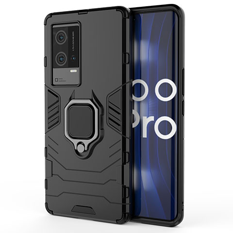 Coque Contour Silicone et Plastique Housse Etui Mat avec Magnetique Support Bague Anneau S01 pour Vivo iQOO 8 Pro 5G Noir