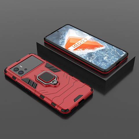 Coque Contour Silicone et Plastique Housse Etui Mat avec Magnetique Support Bague Anneau S01 pour Vivo iQOO 9 Pro 5G Rouge