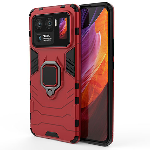 Coque Contour Silicone et Plastique Housse Etui Mat avec Magnetique Support Bague Anneau S01 pour Xiaomi Mi 11 Ultra 5G Rouge