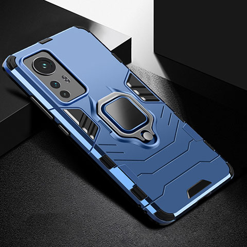 Coque Contour Silicone et Plastique Housse Etui Mat avec Magnetique Support Bague Anneau S01 pour Xiaomi Mi 12 Pro 5G Bleu