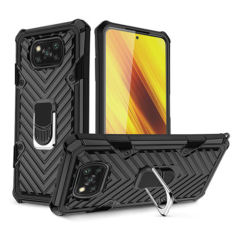 Coque Contour Silicone et Plastique Housse Etui Mat avec Magnetique Support Bague Anneau S01 pour Xiaomi Poco X3 NFC Noir