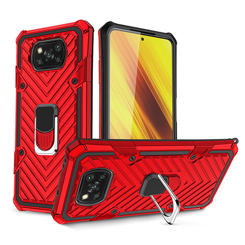 Coque Contour Silicone et Plastique Housse Etui Mat avec Magnetique Support Bague Anneau S01 pour Xiaomi Poco X3 Pro Rouge