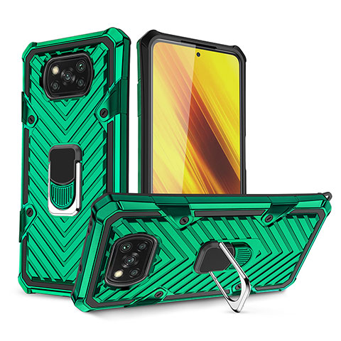 Coque Contour Silicone et Plastique Housse Etui Mat avec Magnetique Support Bague Anneau S01 pour Xiaomi Poco X3 Vert