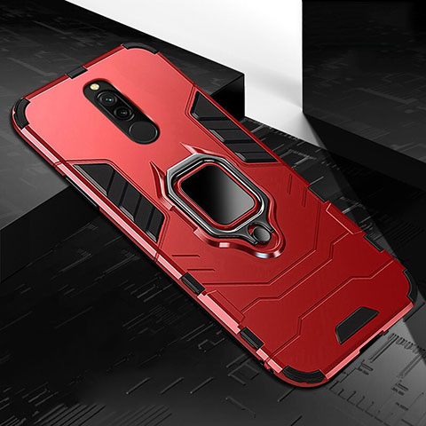 Coque Contour Silicone et Plastique Housse Etui Mat avec Magnetique Support Bague Anneau S01 pour Xiaomi Redmi 8 Rouge