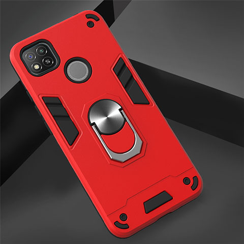 Coque Contour Silicone et Plastique Housse Etui Mat avec Magnetique Support Bague Anneau S01 pour Xiaomi Redmi 9 India Rouge