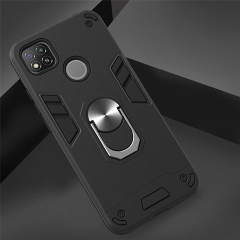 Coque Contour Silicone et Plastique Housse Etui Mat avec Magnetique Support Bague Anneau S01 pour Xiaomi Redmi 9C Noir