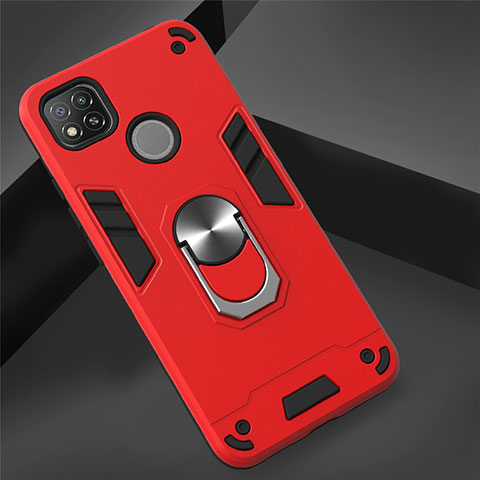 Coque Contour Silicone et Plastique Housse Etui Mat avec Magnetique Support Bague Anneau S01 pour Xiaomi Redmi 9C Rouge
