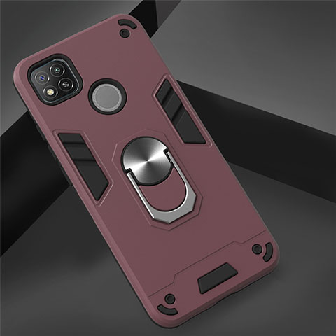 Coque Contour Silicone et Plastique Housse Etui Mat avec Magnetique Support Bague Anneau S01 pour Xiaomi Redmi 9C Vin Rouge