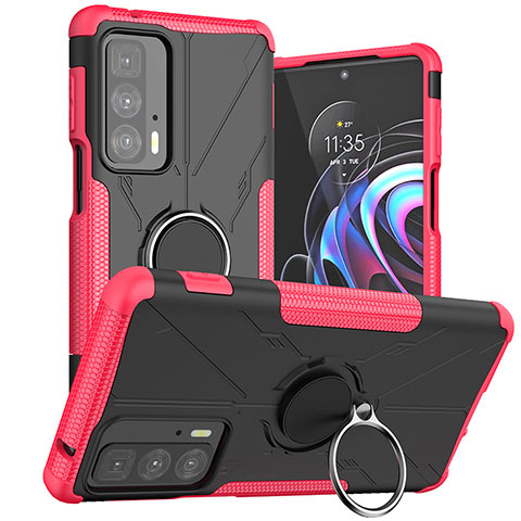 Coque Contour Silicone et Plastique Housse Etui Mat avec Magnetique Support Bague Anneau S02 pour Motorola Moto Edge 20 Pro 5G Rose Rouge