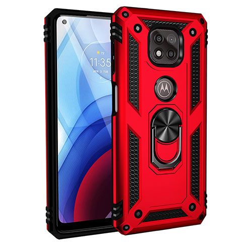 Coque Contour Silicone et Plastique Housse Etui Mat avec Magnetique Support Bague Anneau S02 pour Motorola Moto G Power (2021) Rouge