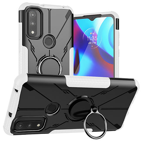 Coque Contour Silicone et Plastique Housse Etui Mat avec Magnetique Support Bague Anneau S02 pour Motorola Moto G Pure Blanc