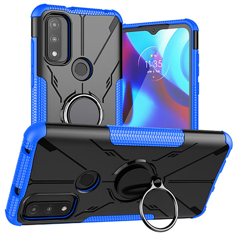 Coque Contour Silicone et Plastique Housse Etui Mat avec Magnetique Support Bague Anneau S02 pour Motorola Moto G Pure Bleu