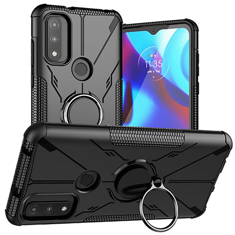 Coque Contour Silicone et Plastique Housse Etui Mat avec Magnetique Support Bague Anneau S02 pour Motorola Moto G Pure Noir